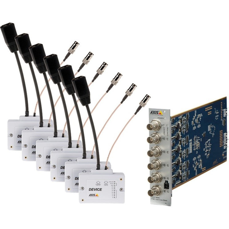 AXIS T8648 PoE+ Over Coax Blade Compact Kit showing blade unit and six compact devices with coaxial connections