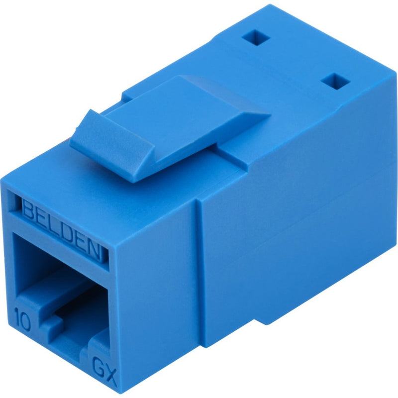 Blue Belden REVConnect 10GX UTP modular jack with RJ-45 female connector and gold-plated contacts