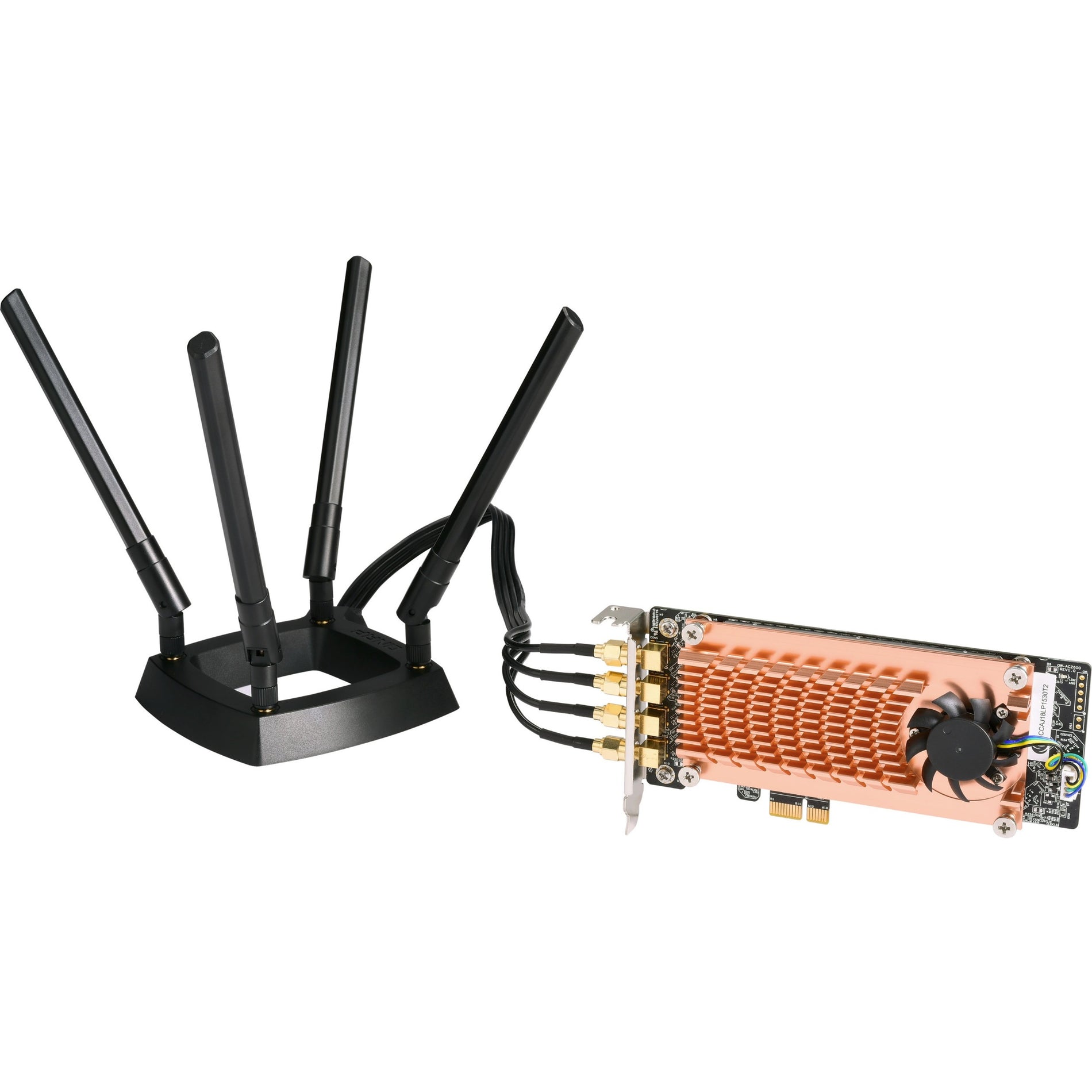 QNAP QWA-AC2600 WiFi adapter showing PCIe card with copper heatsink and quad antenna magnetic base-alternate-image1