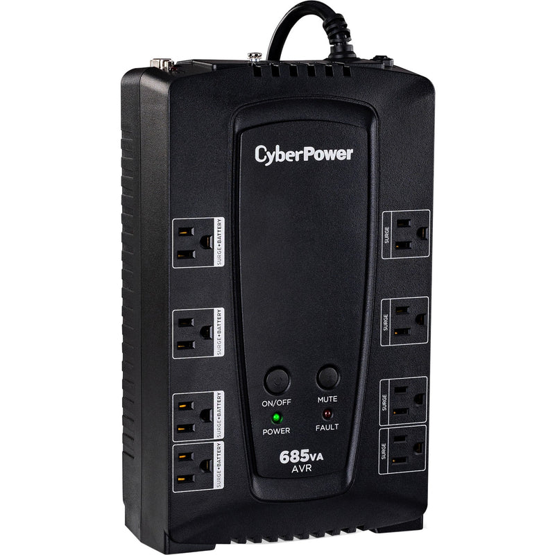 Side angle view of CyberPower CP685AVRG UPS showing compact vertical design