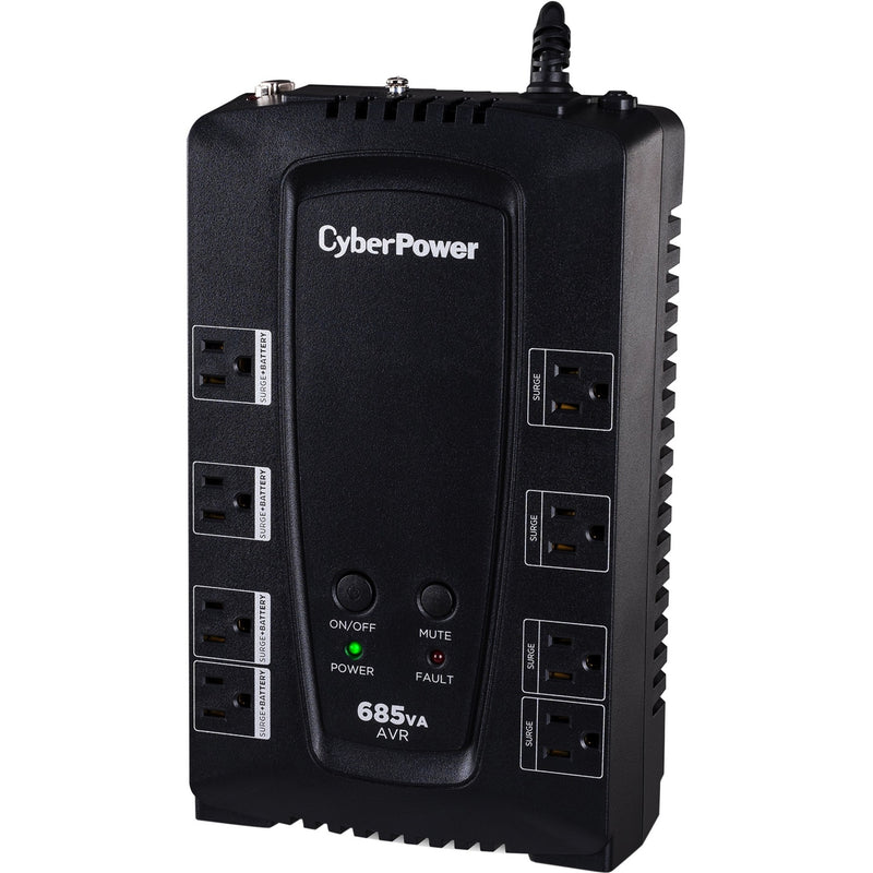 Angled view of CyberPower CP685AVRG UPS control panel and outlet configuration