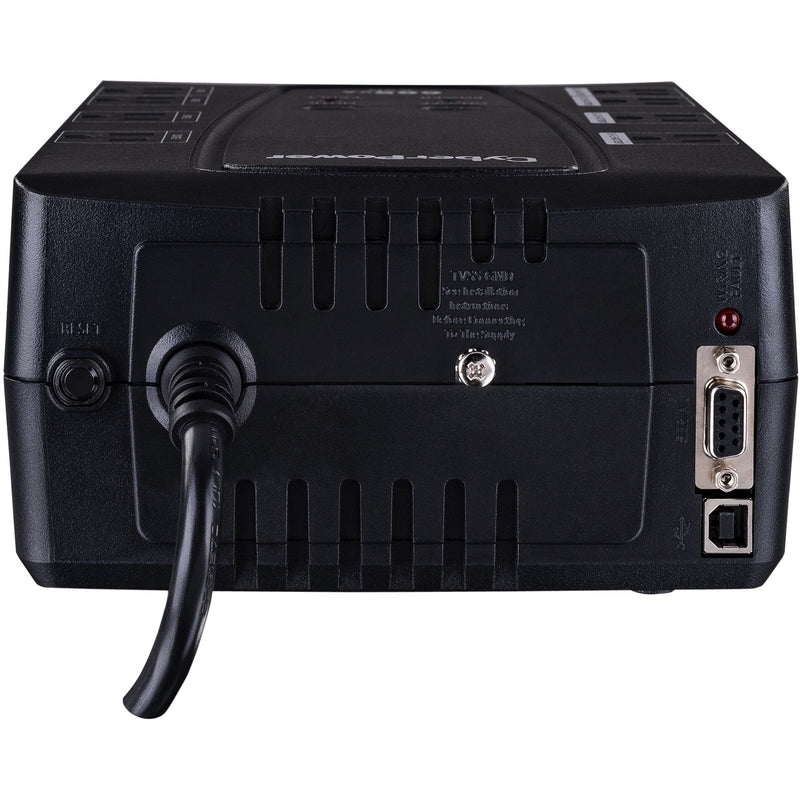 Rear view of CyberPower CP685AVRG UPS showing connectivity ports and power cord