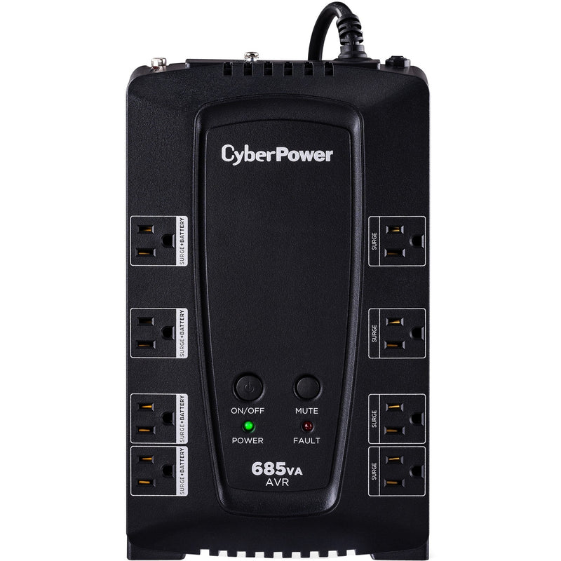 Front view of CyberPower CP685AVRG UPS showing eight outlet configuration and LED status display