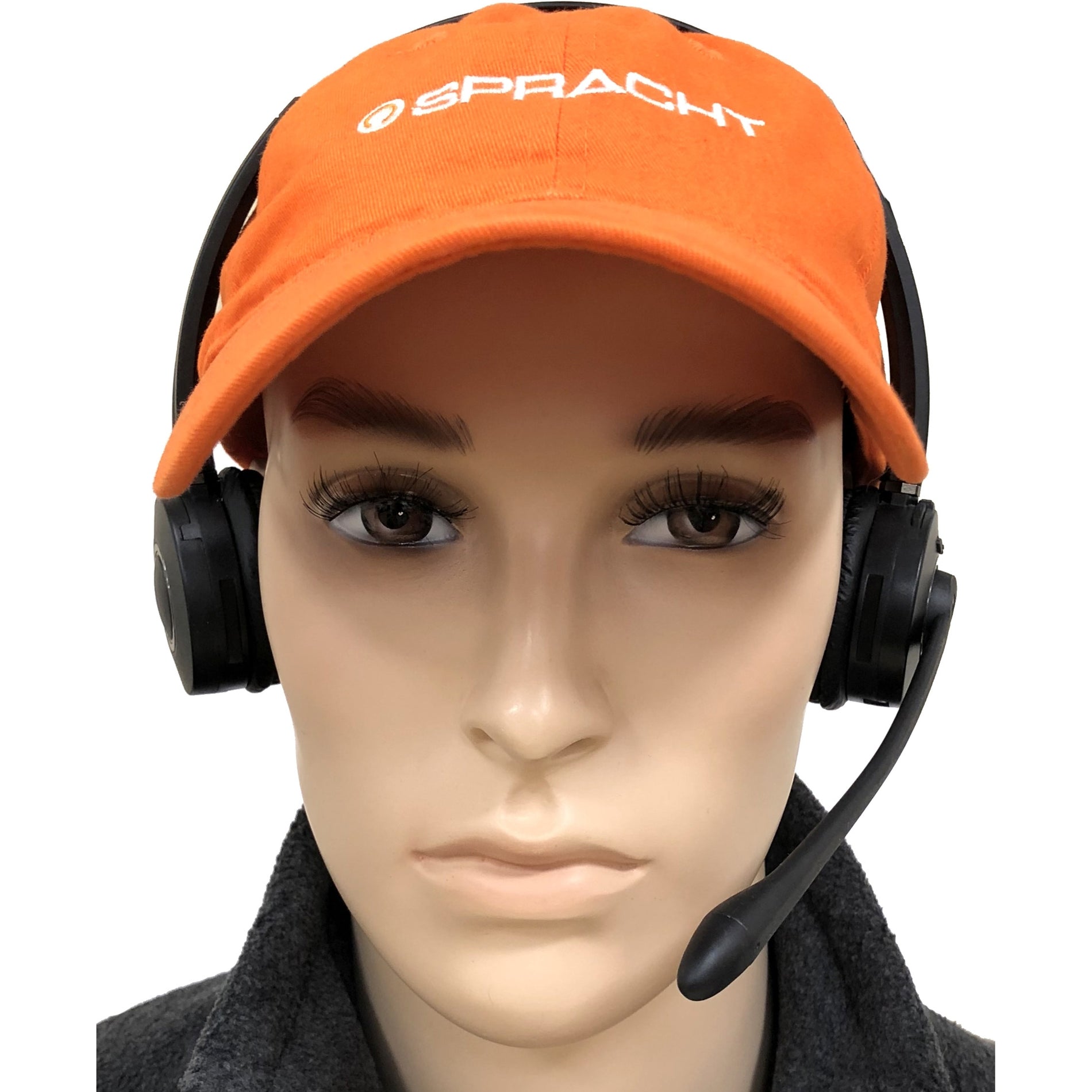 Demonstration of Spracht ZüM Maestro BT headset worn with orange branded cap showing fit and microphone positioning-alternate-image4