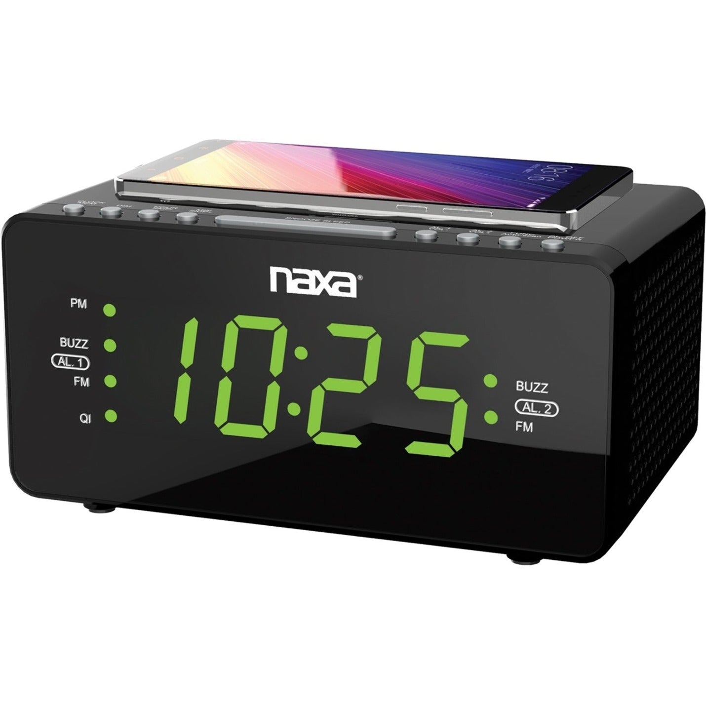 Naxa NRC-191 Dual Alarm Clock with Qi Wireless Charging Function, Stereo FM Radio, USB Charging Port