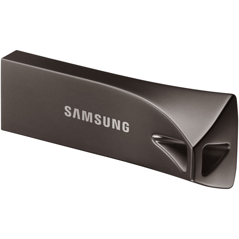 Detailed view of Samsung BAR Plus USB drive highlighting its angular design and metal finish