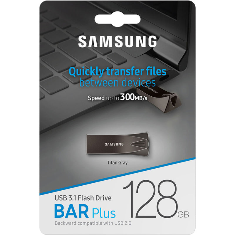 Samsung BAR Plus retail packaging showing key features and specifications