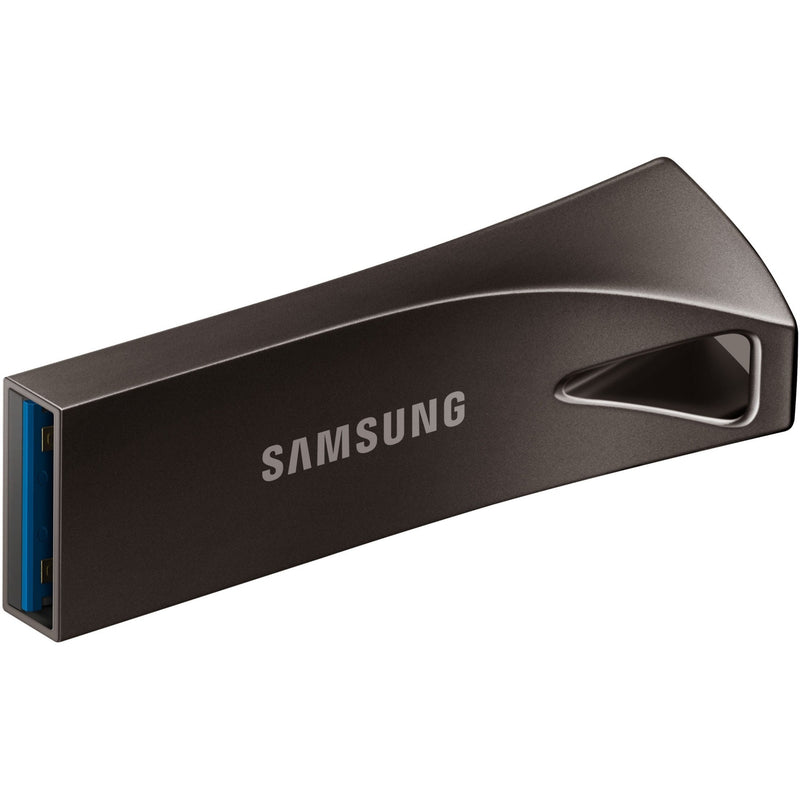 Samsung BAR Plus 128GB USB 3.1 flash drive in titanium gray metal finish with asymmetric design