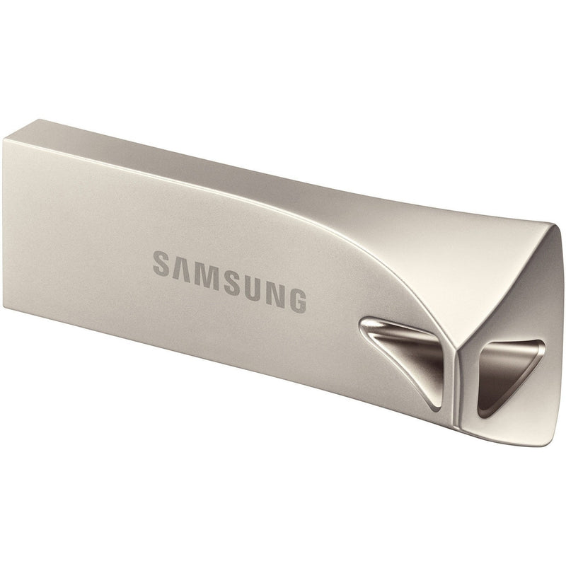 Samsung BAR Plus USB 3.1 flash drive in champagne silver showing angular metal design