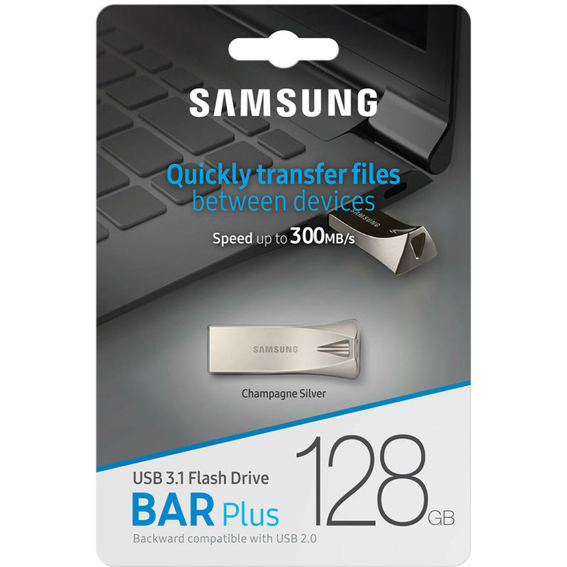 Samsung BAR Plus retail packaging showing product features and specifications