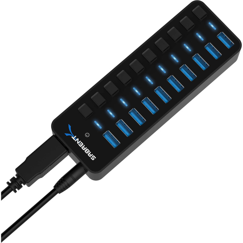 Sabrent USB hub showing blue LED indicator lights for active ports