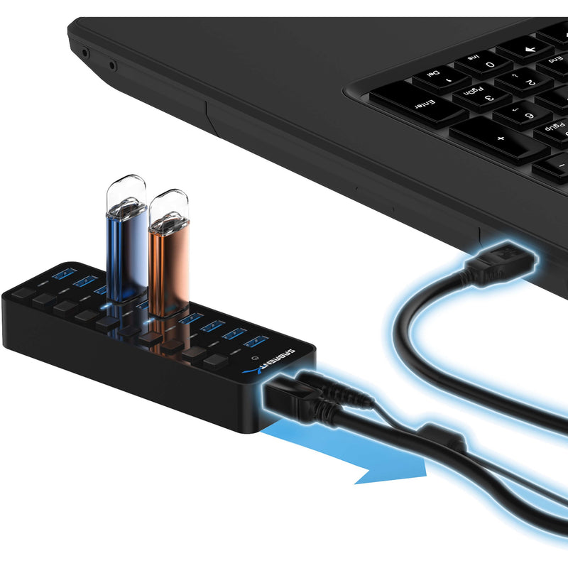 Illustration of USB 3.0 data transfer speed capability with glowing connection cable