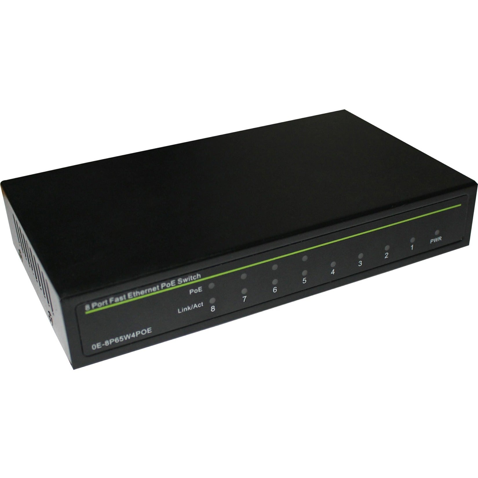 W Box 8-port Fast Ethernet PoE switch with 4 PoE ports and 4 uplink ports, featuring LED status indicators and compact black metal housing-alternate-image1