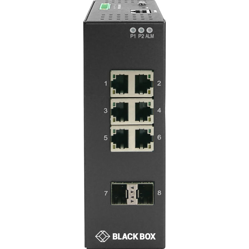 Front view of Black Box LIG1082A industrial switch showing 6 RJ-45 ports, 2 SFP slots, and LED indicators