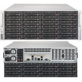 Front and rear view of Supermicro SSG-5049P-E1CTR36L 4U storage server showing 36 hot-swappable drive bays and rear I/O ports-alternate-image1