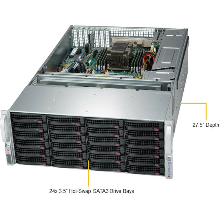 Angular view of SuperStorage server showing 24 hot-swap drive bays and chassis depth-alternate-image3