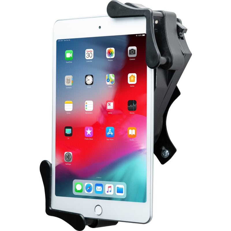 Front view of mounted iPad showing corner grip system and home screen display