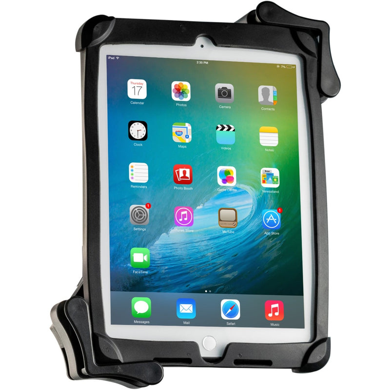 Angled view of tablet mount showing grip system with mounted iPad