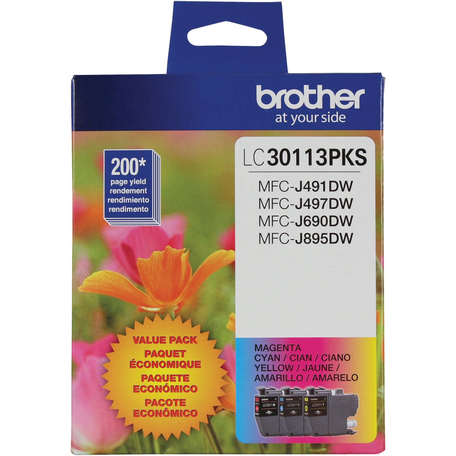 Brother LC30113PKS value pack retail packaging showing colorful flower design and printer compatibility information-alternate-image4