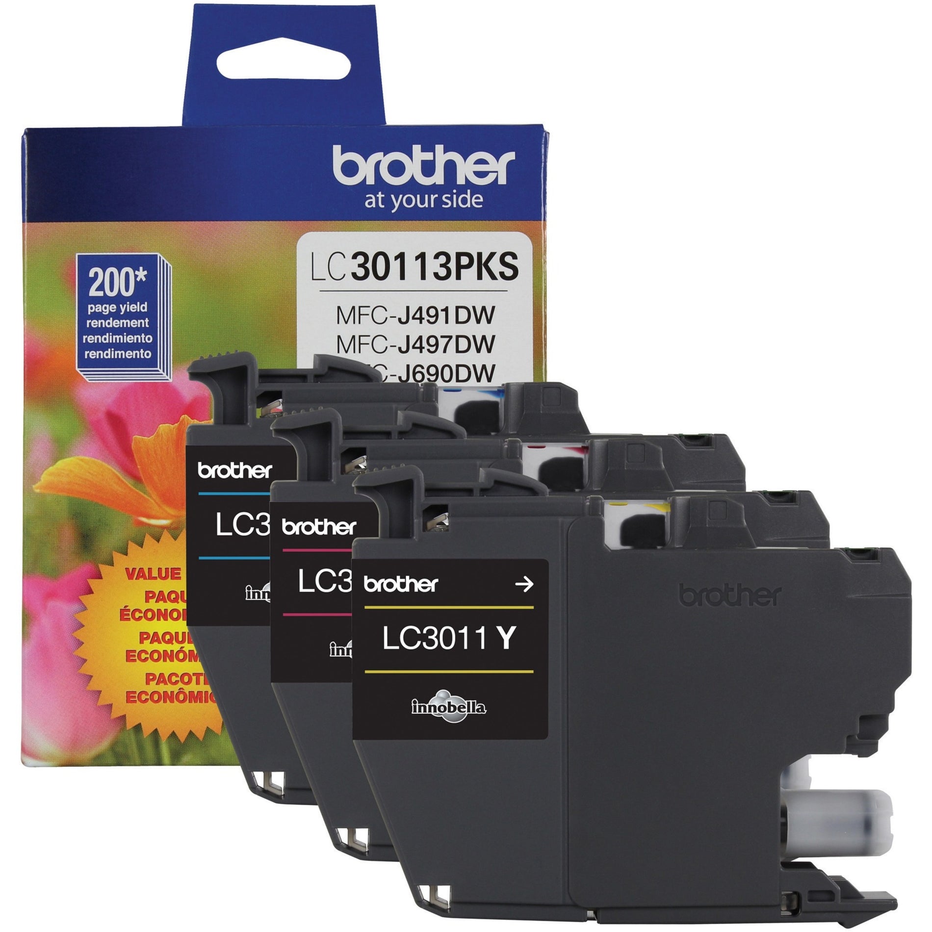 Brother LC30113PKS color ink cartridge tri-pack showing package and three individual cartridges in cyan, magenta, and yellow-alternate-image1