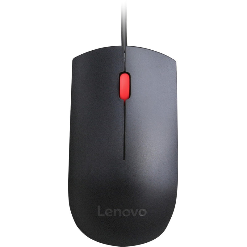 Top view of Lenovo Essential USB Mouse showing black matte finish and red scroll button