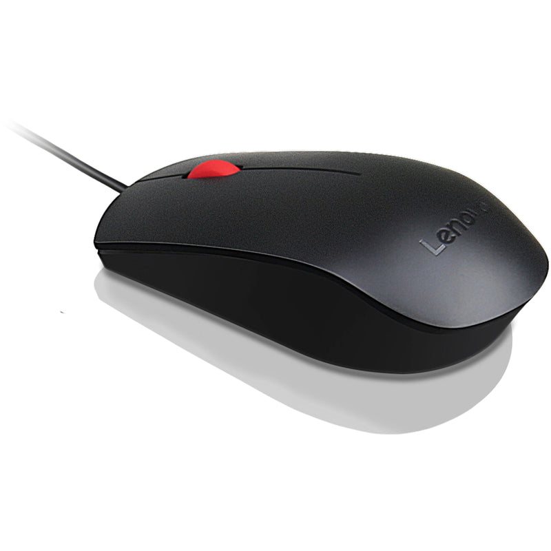 Angled view of Lenovo Essential USB Mouse highlighting its smooth curves and button placement