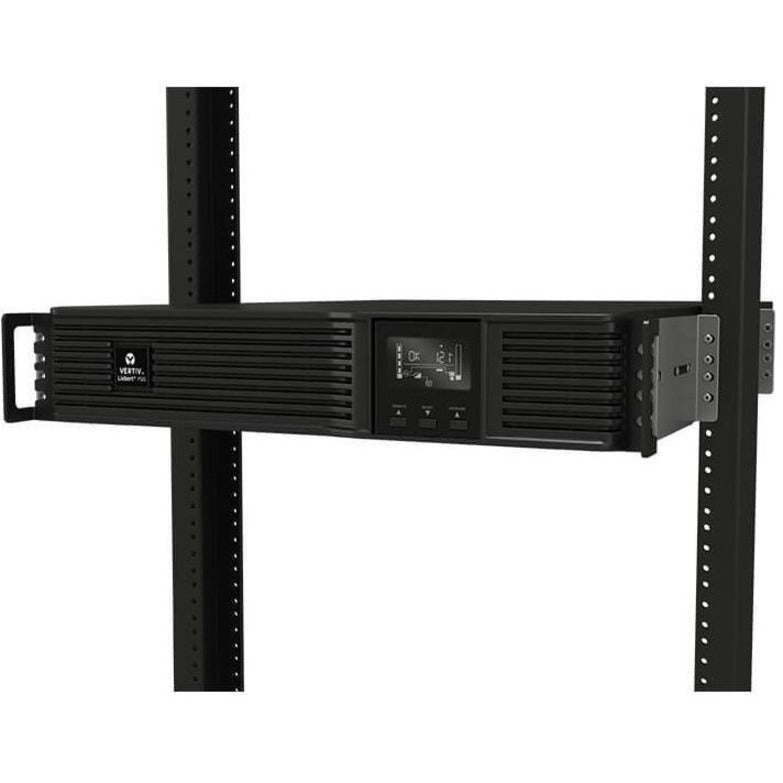 Liebert PSI5 UPS mounted in server rack showing mounting brackets