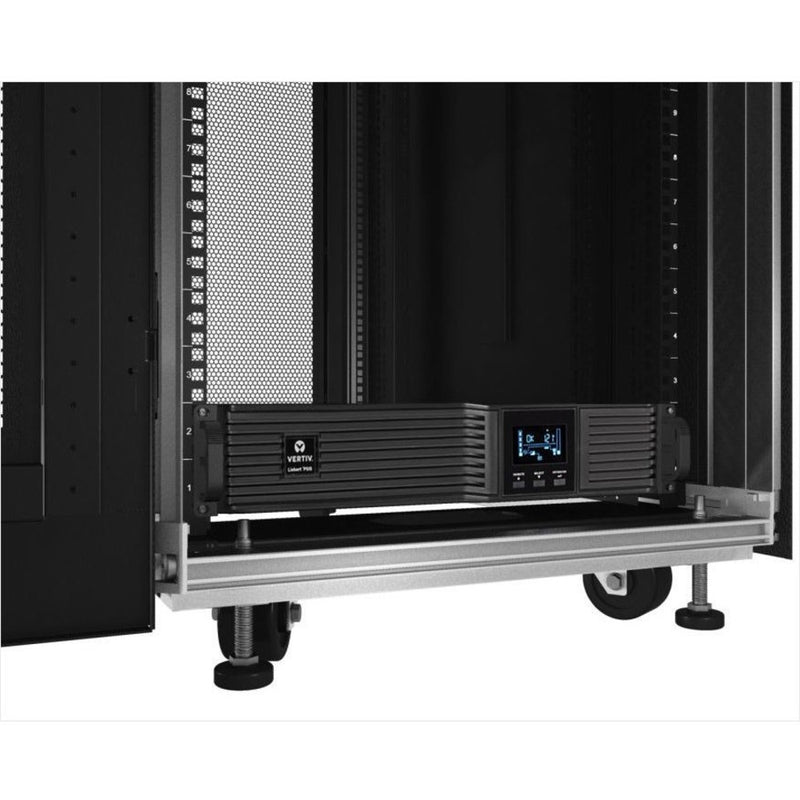 Liebert PSI5 UPS installed in server cabinet showing monitoring display