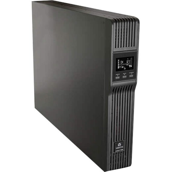 Side profile of Liebert PSI5 UPS tower configuration showing cooling vents and display panel