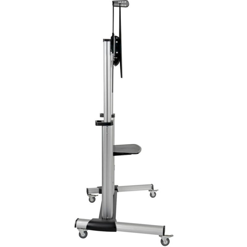 Side profile view of mobile TV cart showing slim design and stability features