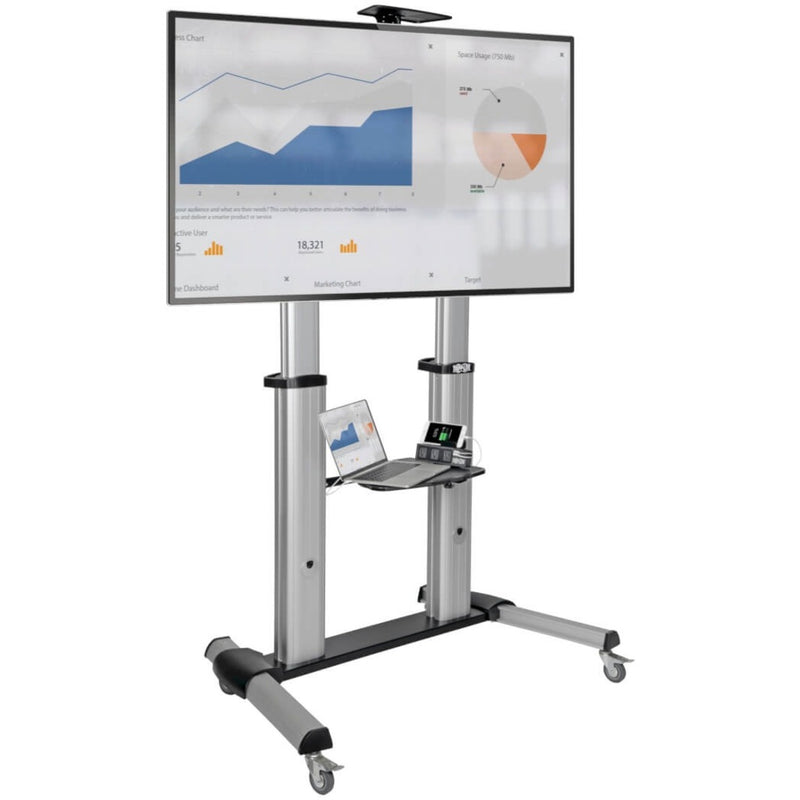 Mobile TV stand with mounted display showing business analytics and equipment shelves