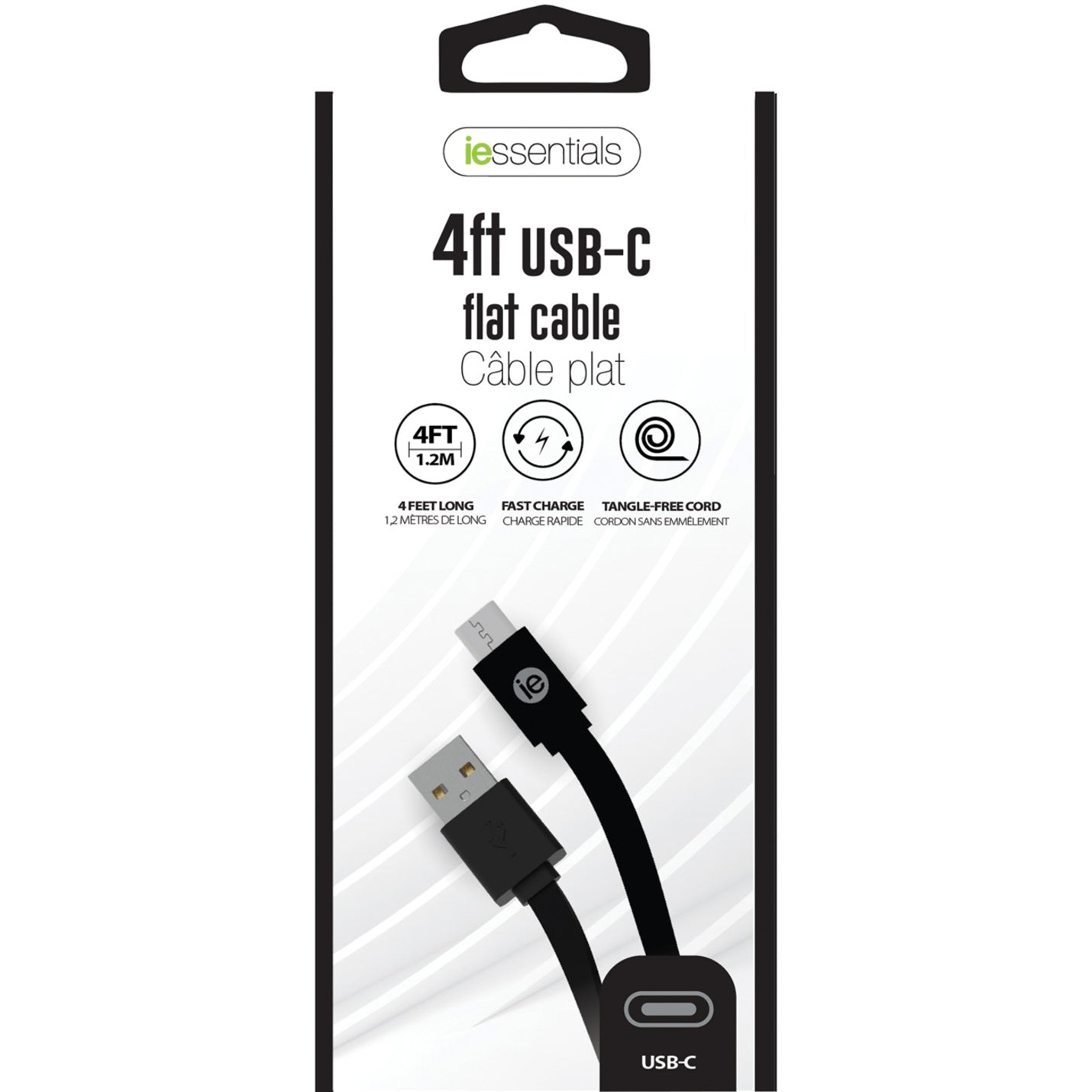 iEssentials IEN-FC4C-BK USB Data Transfer Cable, 4 ft Flat USB Type A to USB Type C, Black