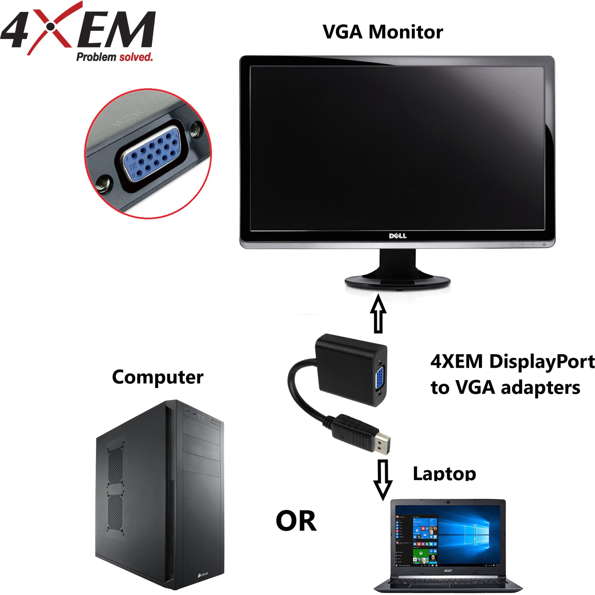 4XEM 4XDPMVGAM10FT High Speed DisplayPort to VGA Adapter Cable, 10 ft, Active, 1920 x 1200 Resolution