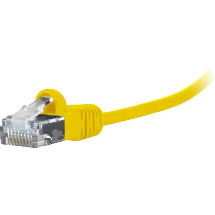 Close-up view of gold-plated RJ-45 connector with yellow snagless boot on CAT6 cable