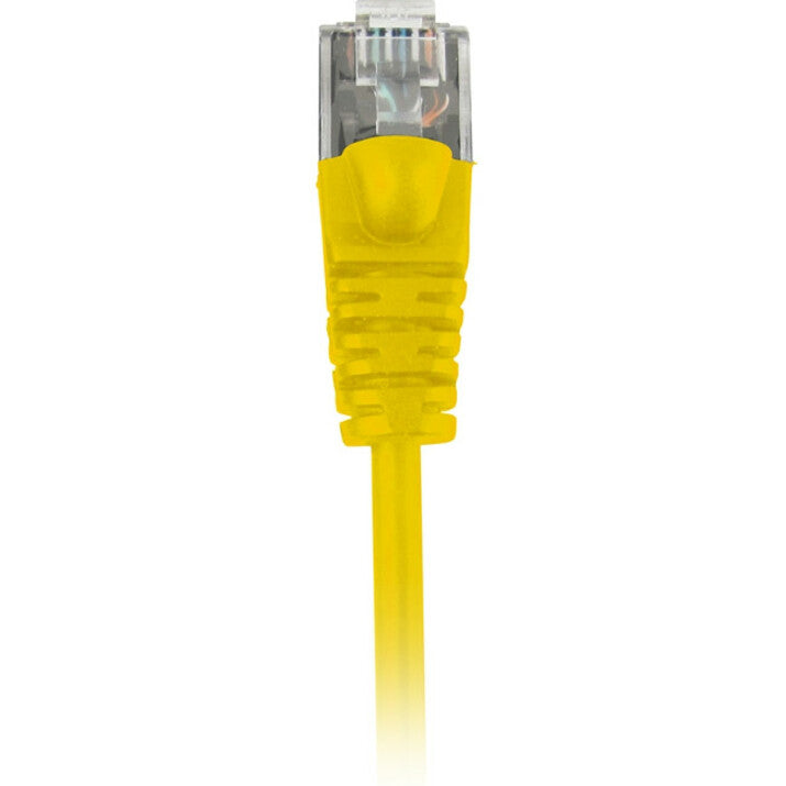 Detailed view of yellow snagless boot design with strain relief on CAT6 network cable