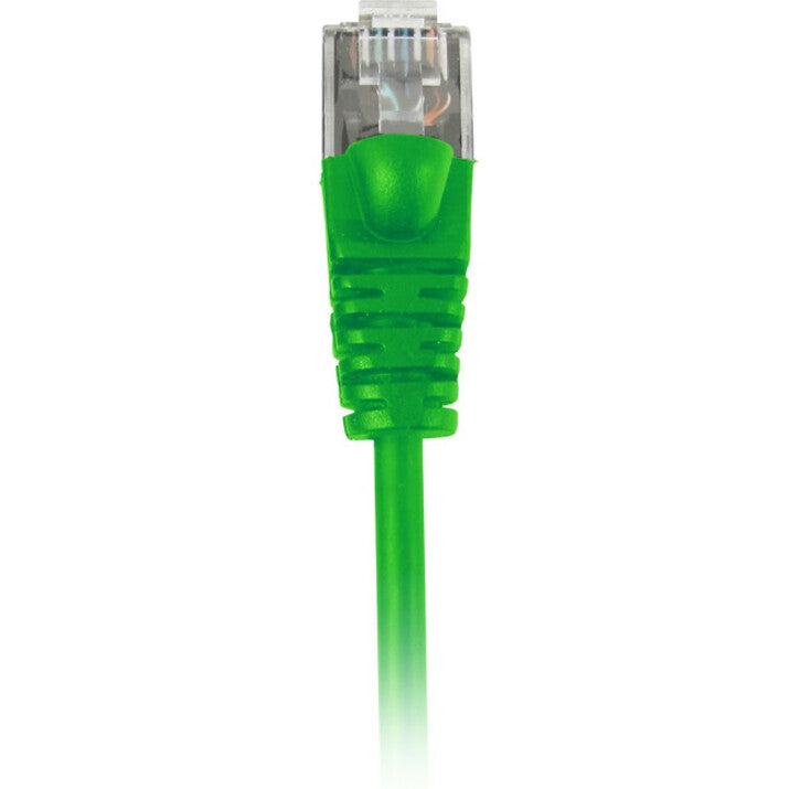 Detailed view of green CAT6 cable strain relief boot with ribbed design and transparent RJ-45 connector