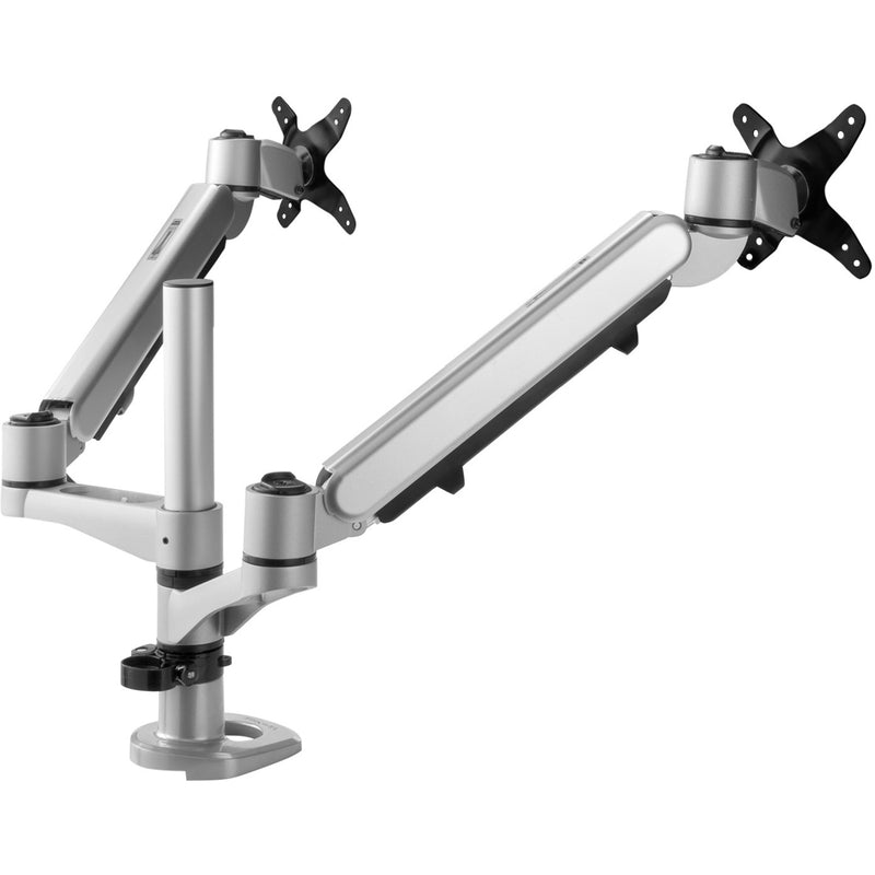 Side view of ViewSonic dual monitor mount showing articulating arms and vertical support column