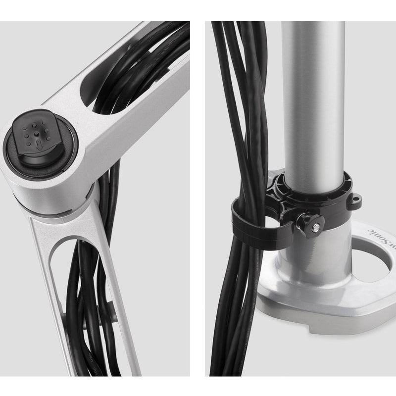 Cable management system detail on ViewSonic dual monitor mount