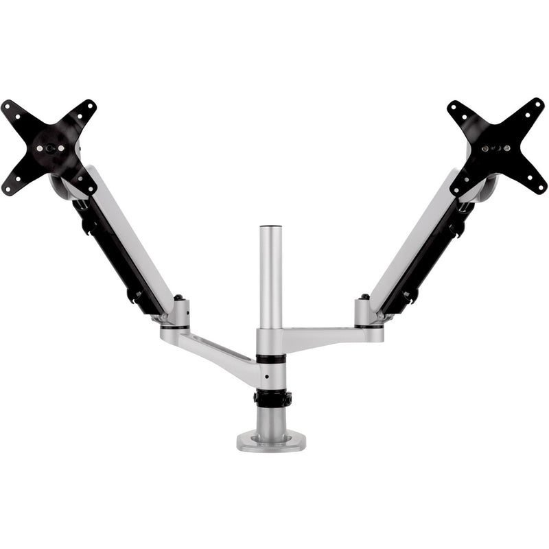 ViewSonic LCD-DMA-002 dual monitor mount featuring symmetrical silver arms with black VESA mounts