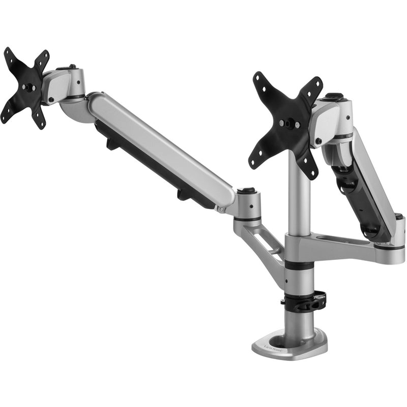 Angled view of ViewSonic dual monitor mount demonstrating range of motion