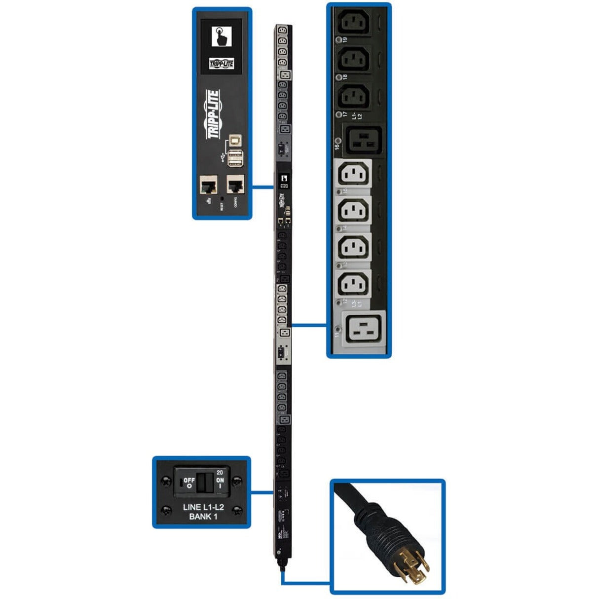 Detailed view of Tripp Lite PDU showing network management interface, outlet sections, and power input connection-alternate-image1