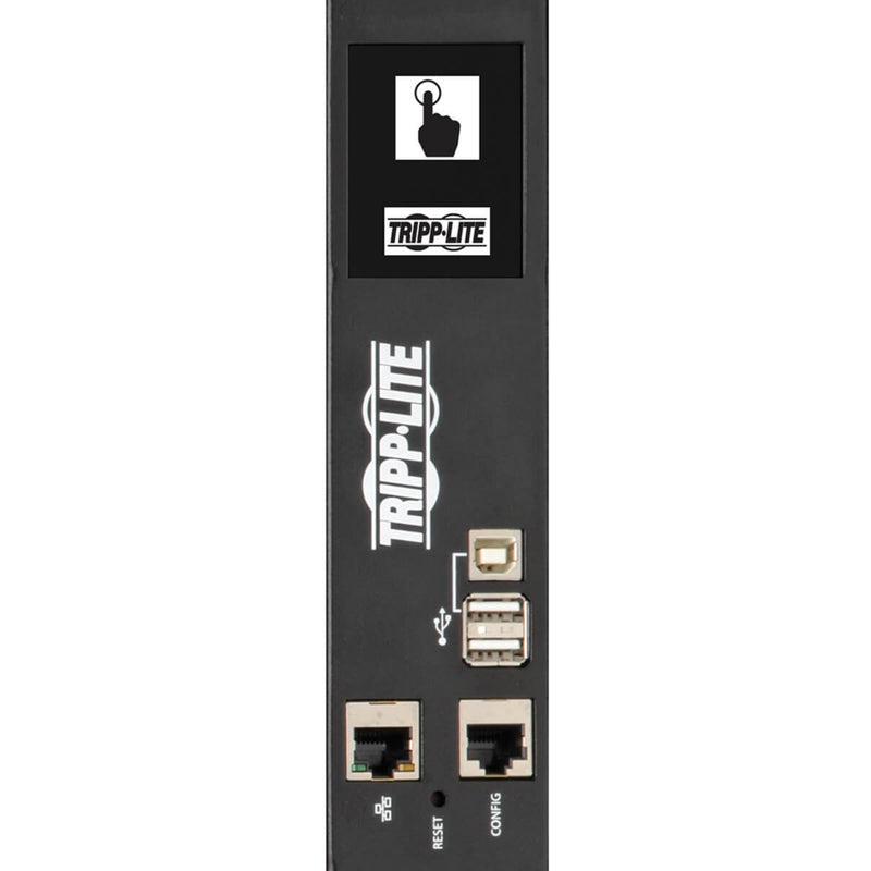 Close-up of PDU network interface showing touchscreen display and connection ports