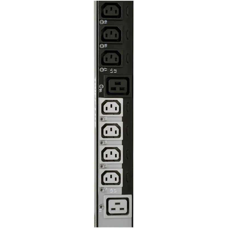 Detailed view of PDU outlet section showing C13 and C19 receptacles