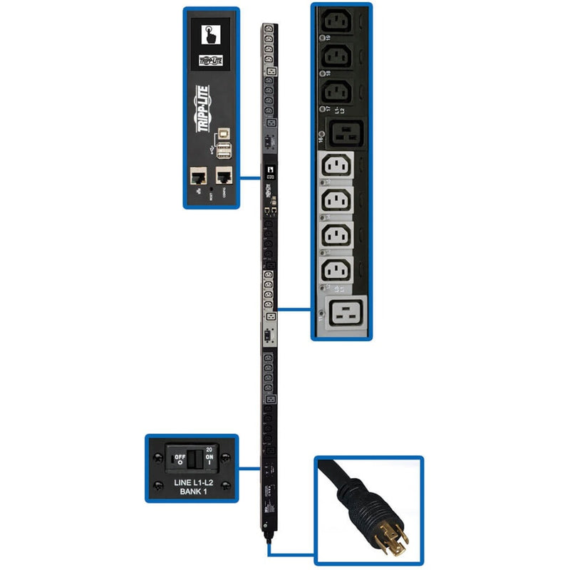 Detailed view of Tripp Lite PDU showing network management interface, outlet sections, and power input connection