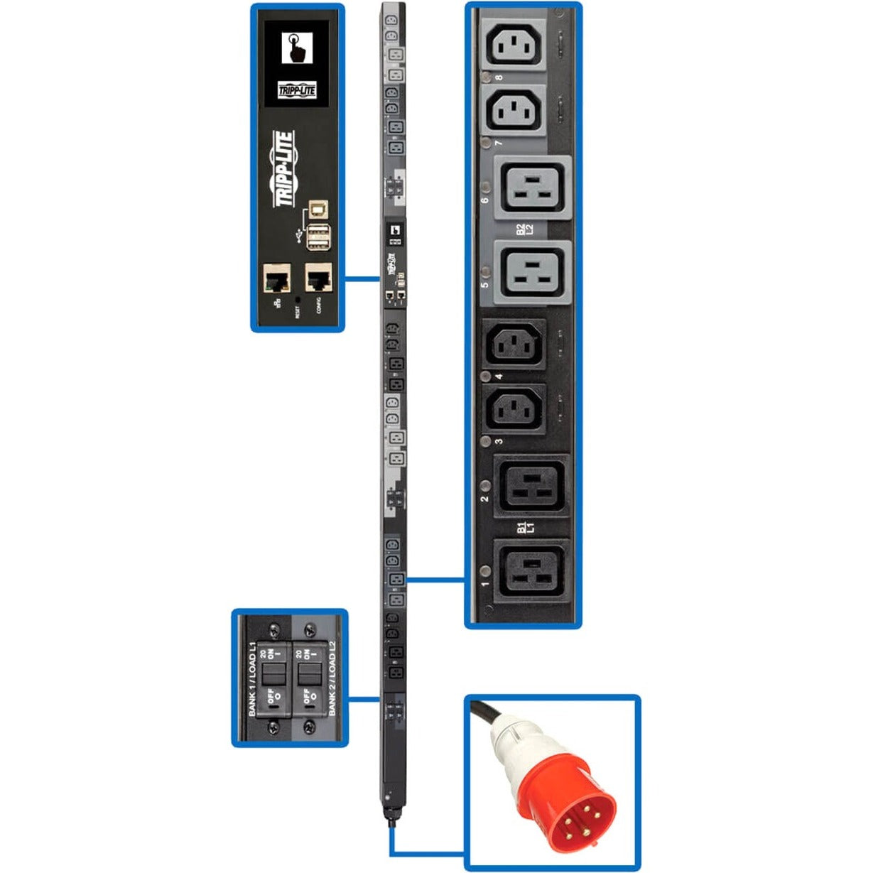 Close-up of PDU control interface showing network ports, USB connections and touchscreen display-alternate-image1