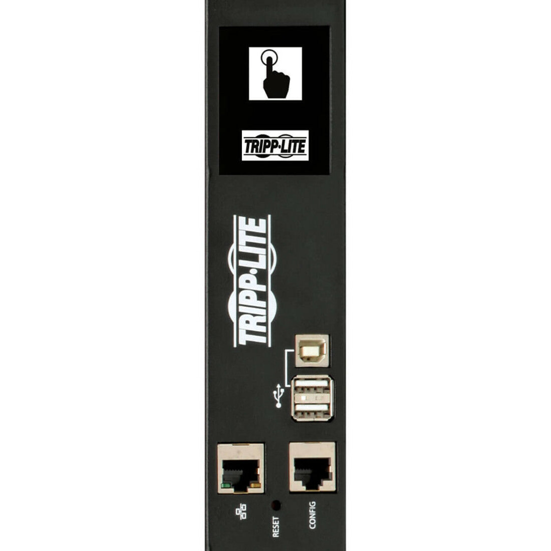 Close-up of PDU touchscreen interface showing Tripp Lite branding and touch controls-alternate-image3