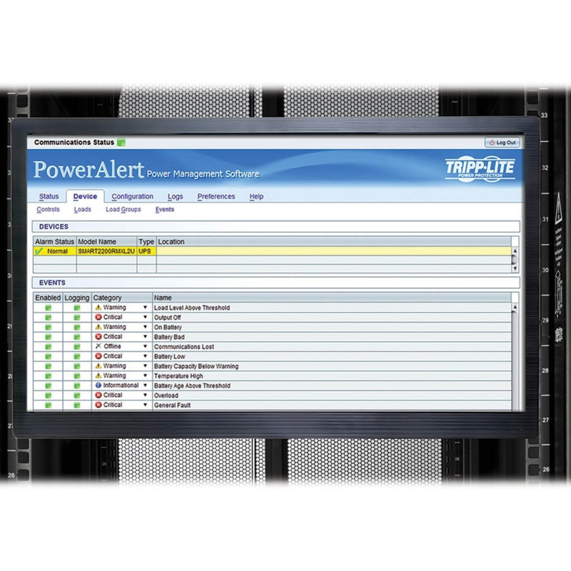 PowerAlert software event tracking interface showing system alerts