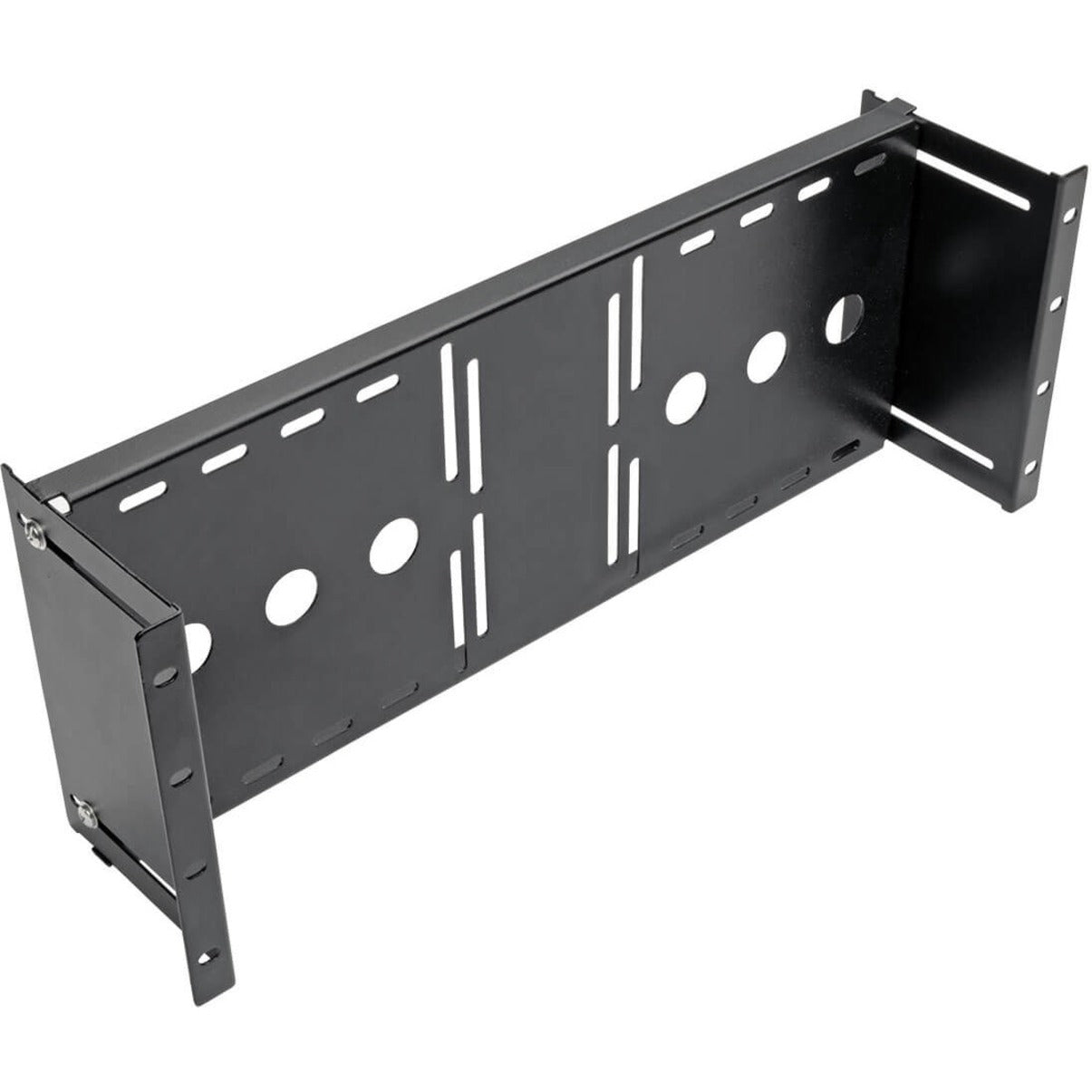 Side view of black powder-coated 4U rack mount bracket showing mounting holes and ventilation pattern-alternate-image1