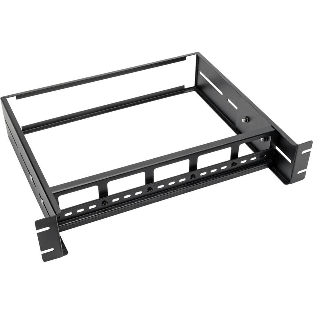 Black powder-coated 2U DIN rail mounting frame with adjustable depth settings-alternate-image1