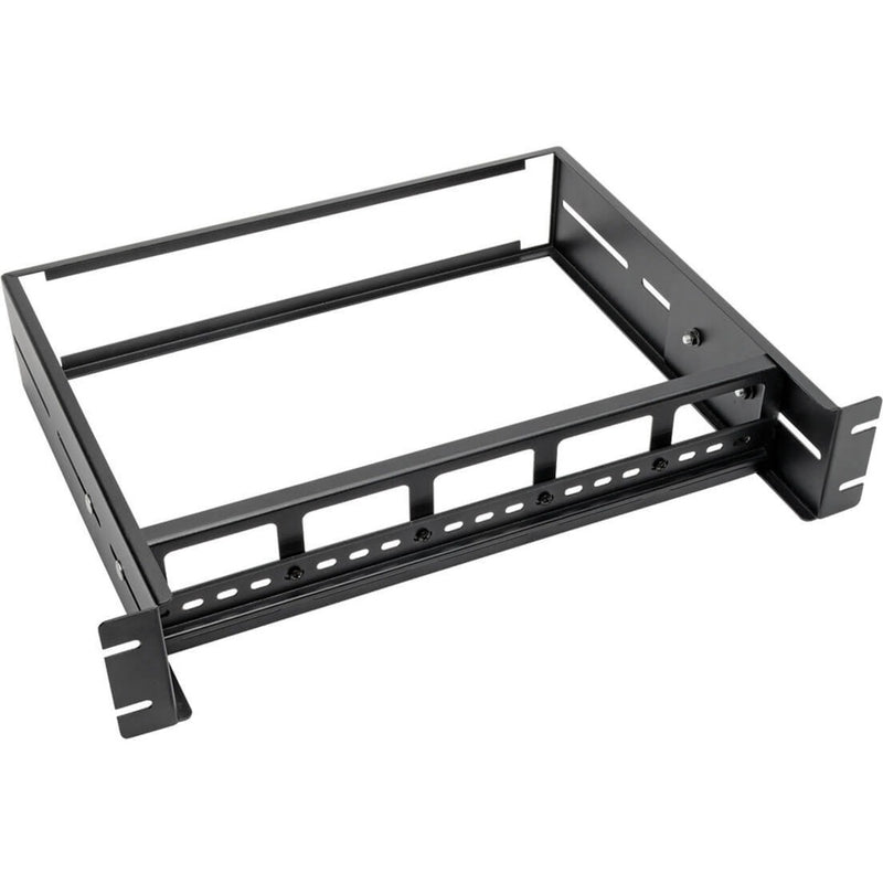 Black powder-coated 2U DIN rail mounting frame with adjustable depth settings